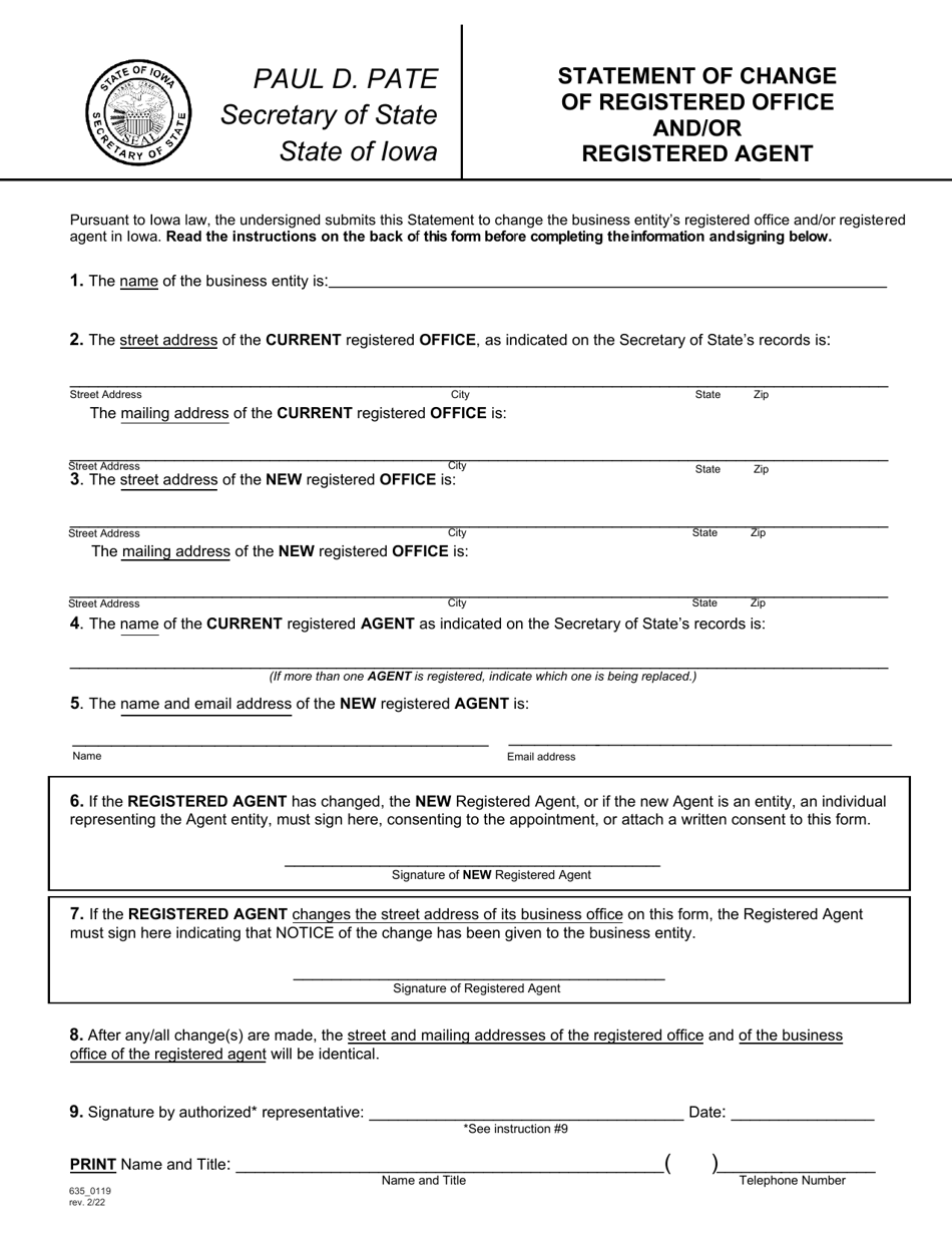 Form 635_0119 Statement of Change of Registered Office and / or Registered Agent - Iowa, Page 1