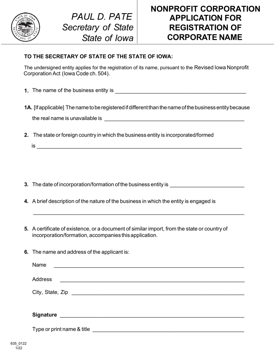 Form 635_0122 Nonprofit Corporation Application for Registration of Corporate Name - Iowa, Page 1