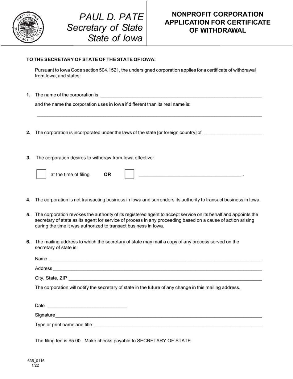 Form 635_0116 Nonprofit Corporation Application for Certificate of Withdrawal - Iowa, Page 1