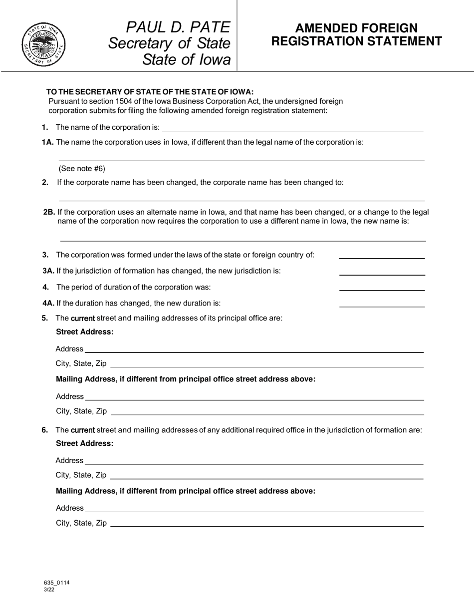 Form 635_0114 Amended Foreign Registration Statement - Iowa, Page 1