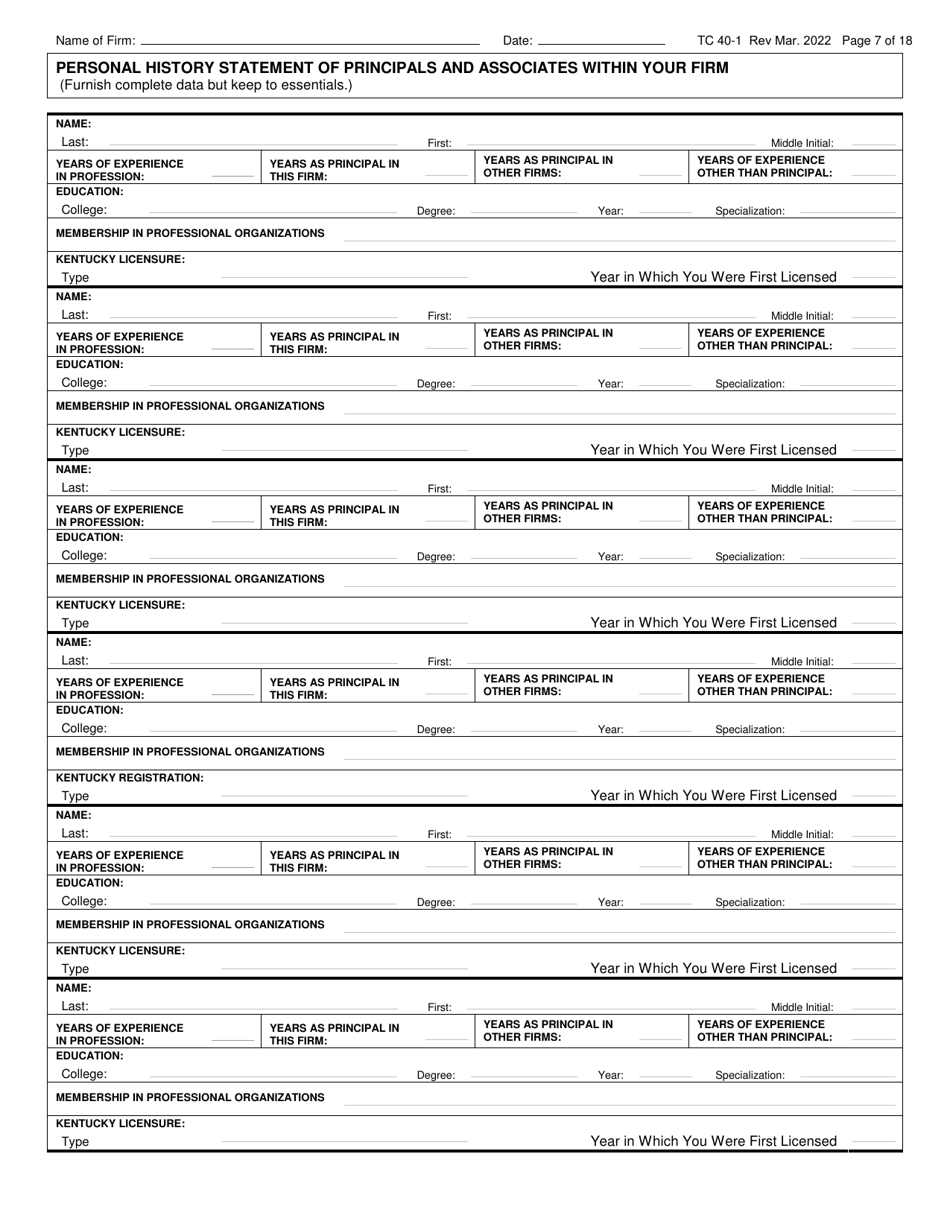 Form TC40-1 Consulting Engineer and Related Services Prequalification Application - Kentucky, Page 7