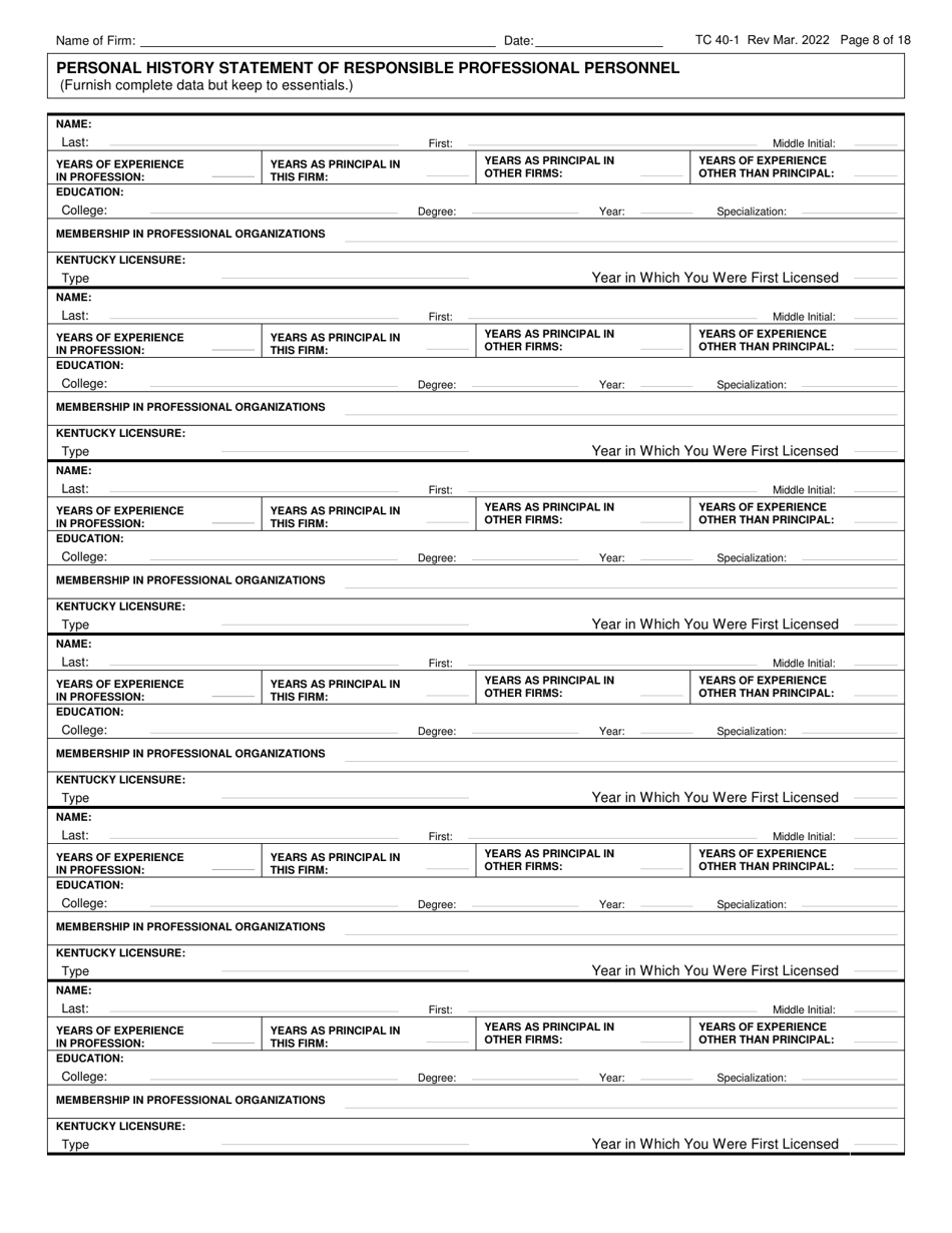 Form TC40-1 Consulting Engineer and Related Services Prequalification Application - Kentucky, Page 8