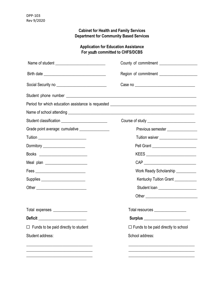 Form DPP-103 Application for Education Assistance for Youth Committed to Chfs / Dcbs - Kentucky, Page 1