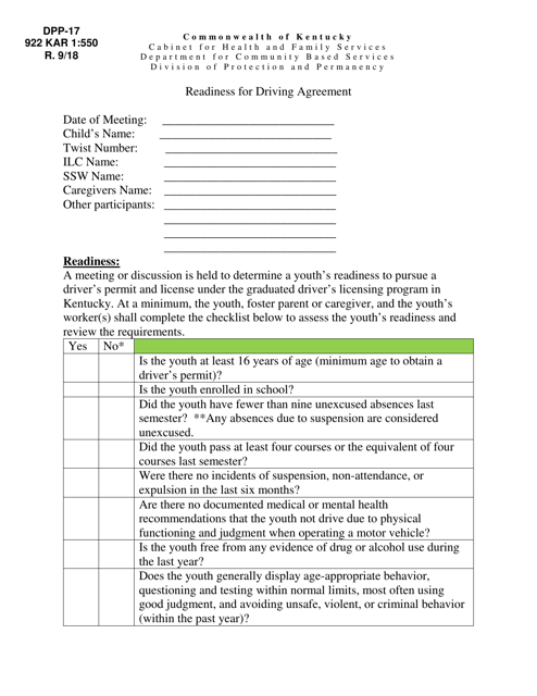 Form DPP-17 Readiness for Driving Agreement - Kentucky