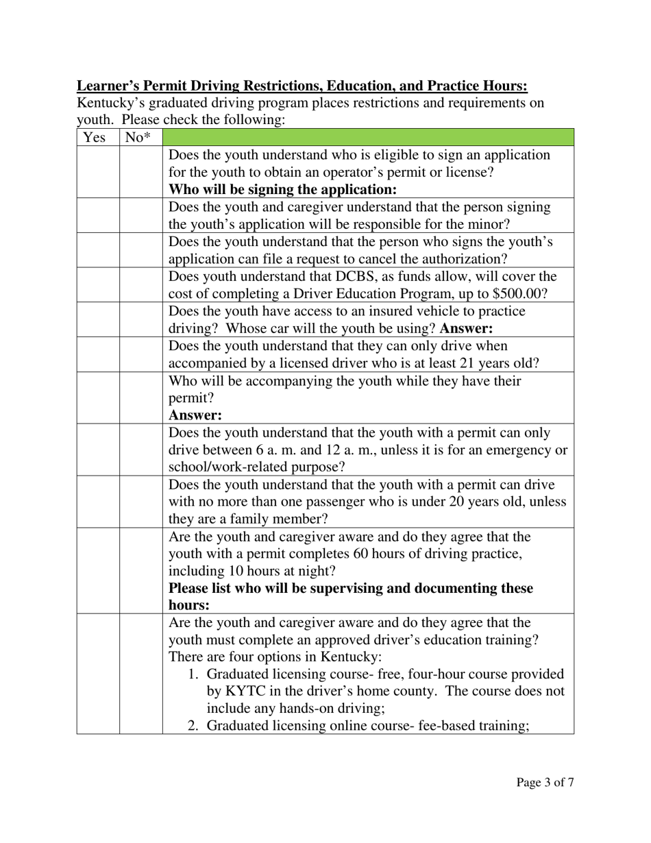 Form DPP-17 Readiness for Driving Agreement - Kentucky, Page 3
