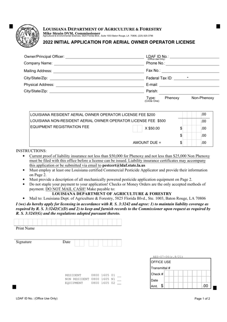 Form AES-07-06 Initial Application for Aerial Owner Operator License - Louisiana, 2022