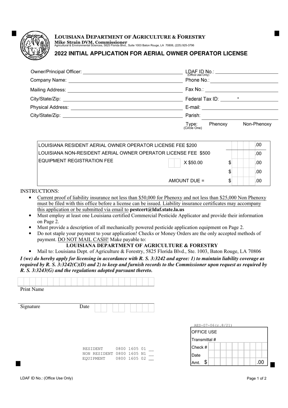 Form AES-07-06 Initial Application for Aerial Owner Operator License - Louisiana, Page 1