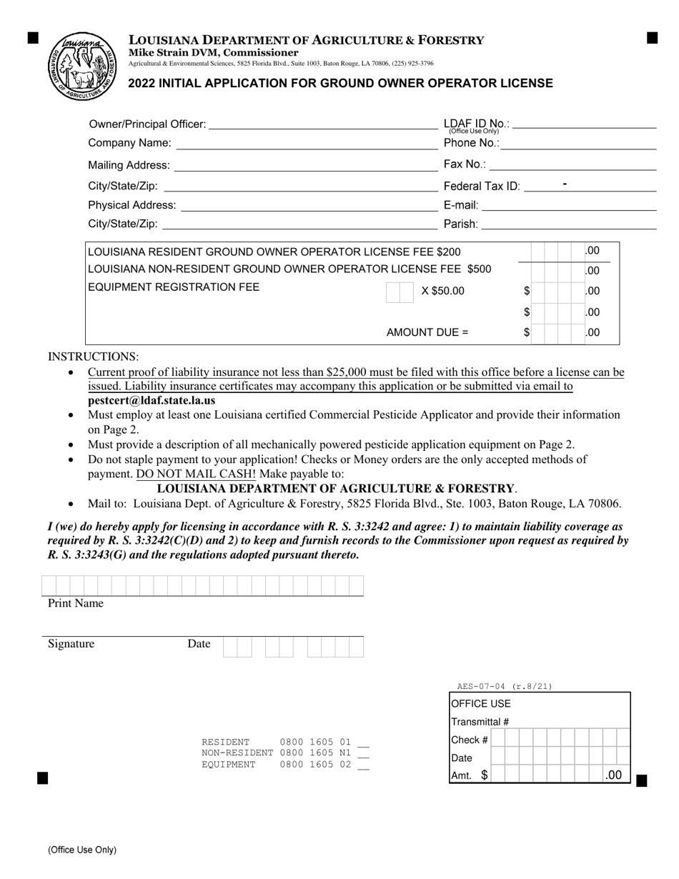 Form AES-07-04 Initial Application for Ground Owner Operator License - Louisiana, Page 1