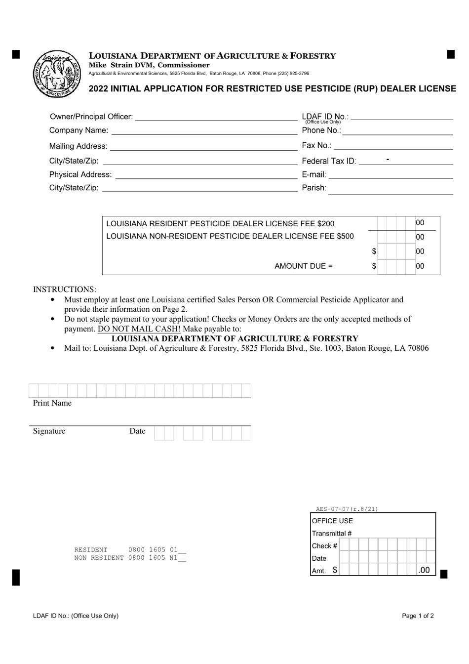 Form AES-07-07 Initial Application for Restricted Use Pesticide (Rup) Dealer License - Louisiana, Page 1