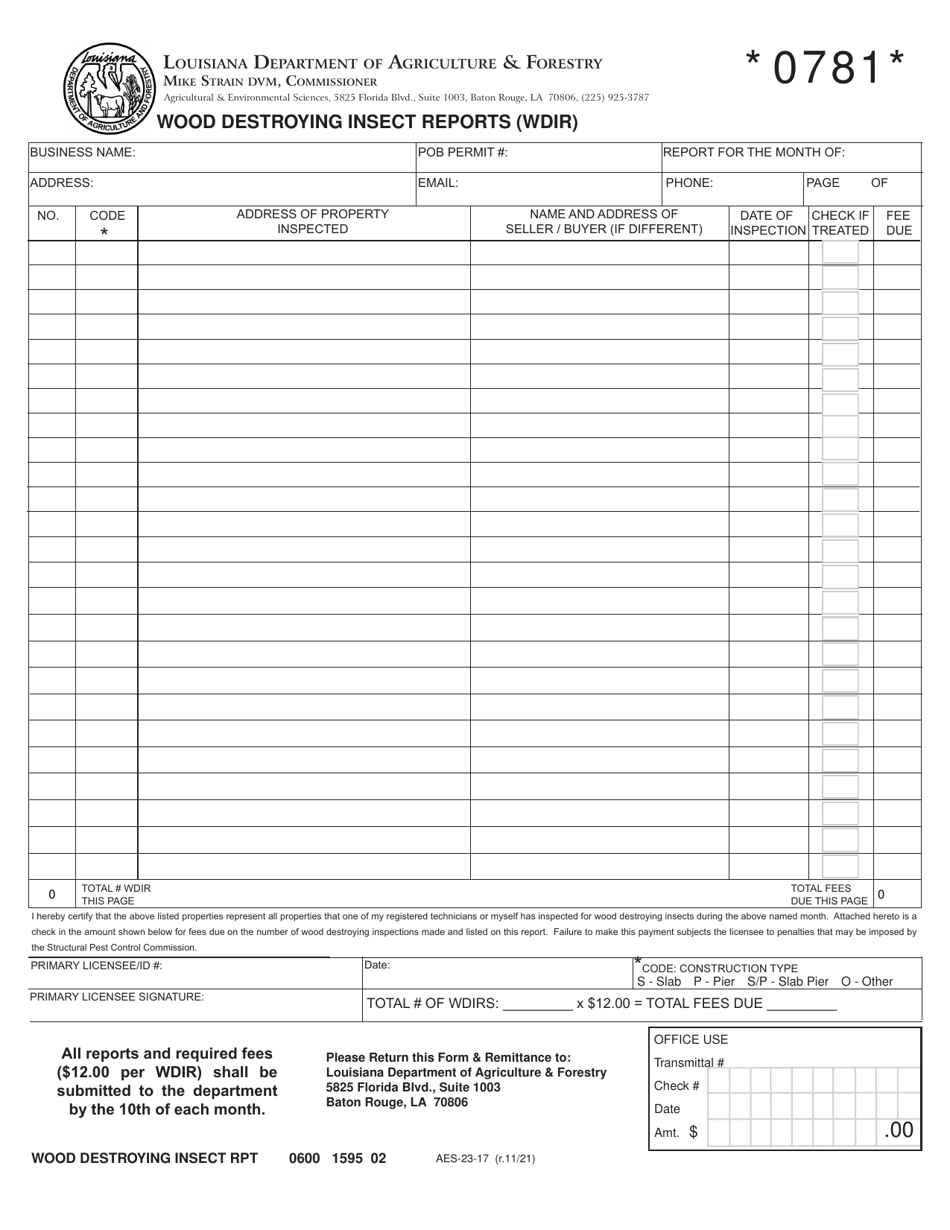 Form AES-23-17 Wood Destroying Insect Reports (Wdir) - Louisiana, Page 1
