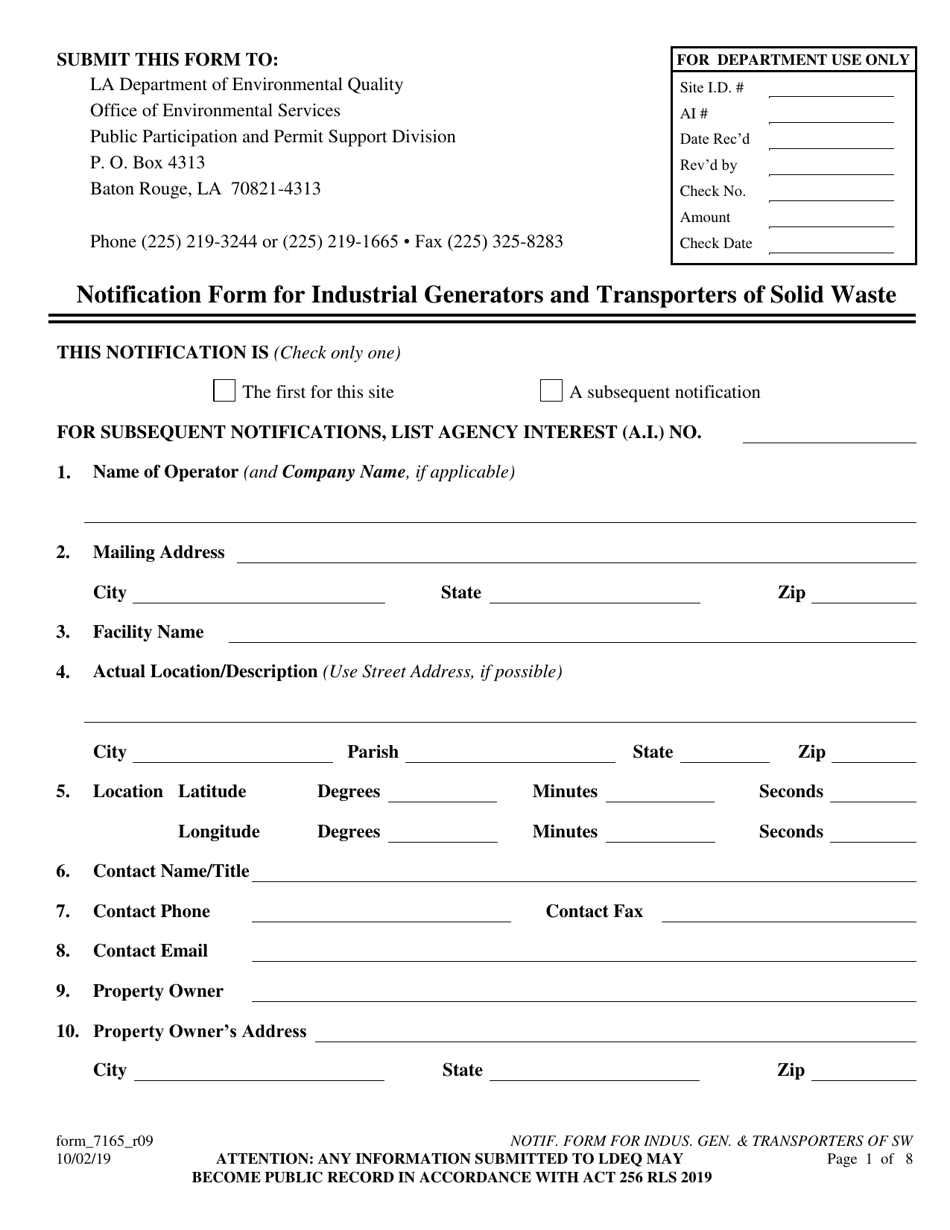 Form 7165 Notification Form for Industrial Generators and Transporters of Solid Waste - Louisiana, Page 1