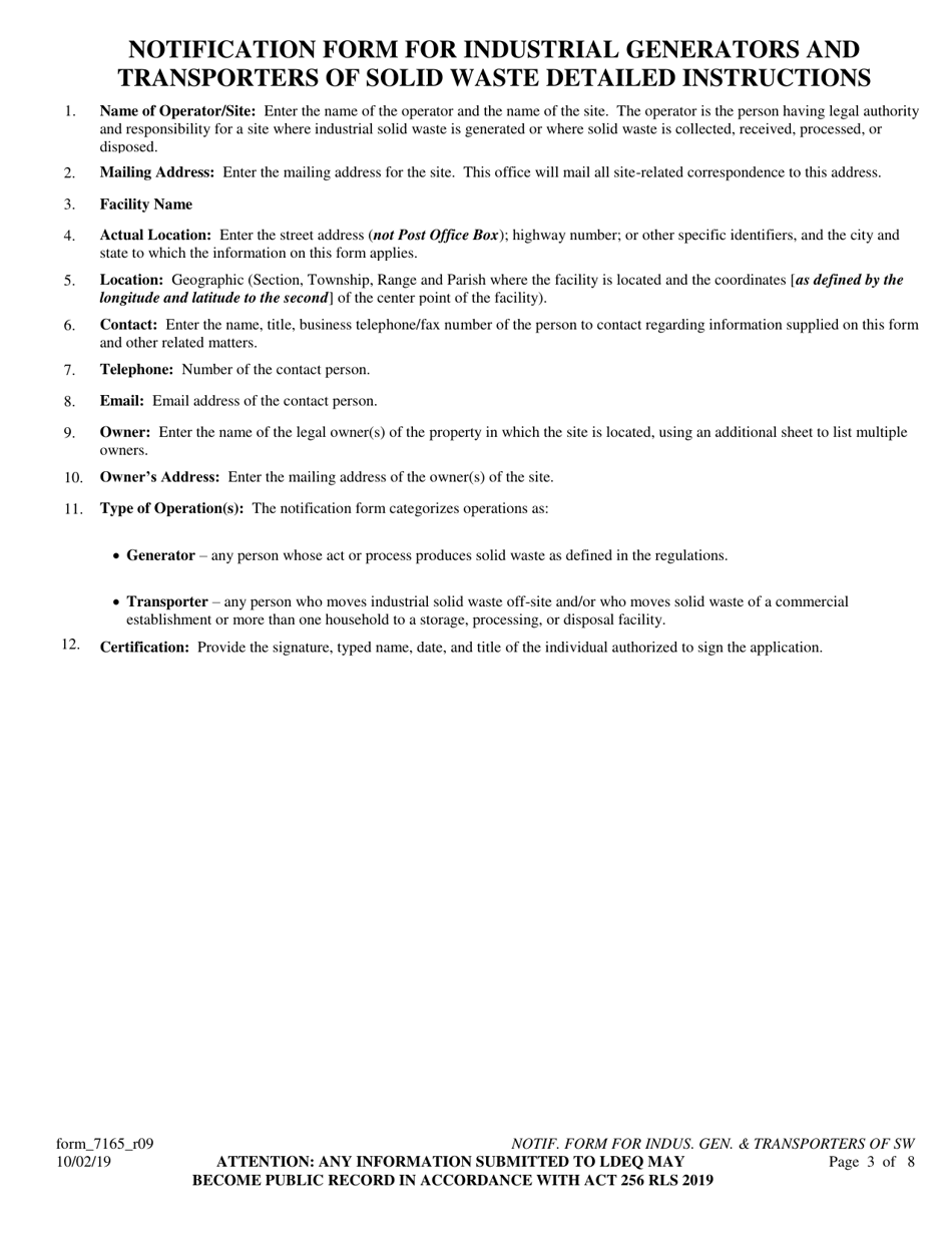 Form 7165 Notification Form for Industrial Generators and Transporters of Solid Waste - Louisiana, Page 3