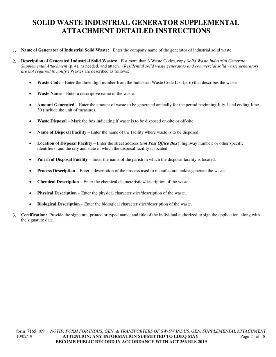 Form 7165 Notification Form for Industrial Generators and Transporters of Solid Waste - Louisiana, Page 5