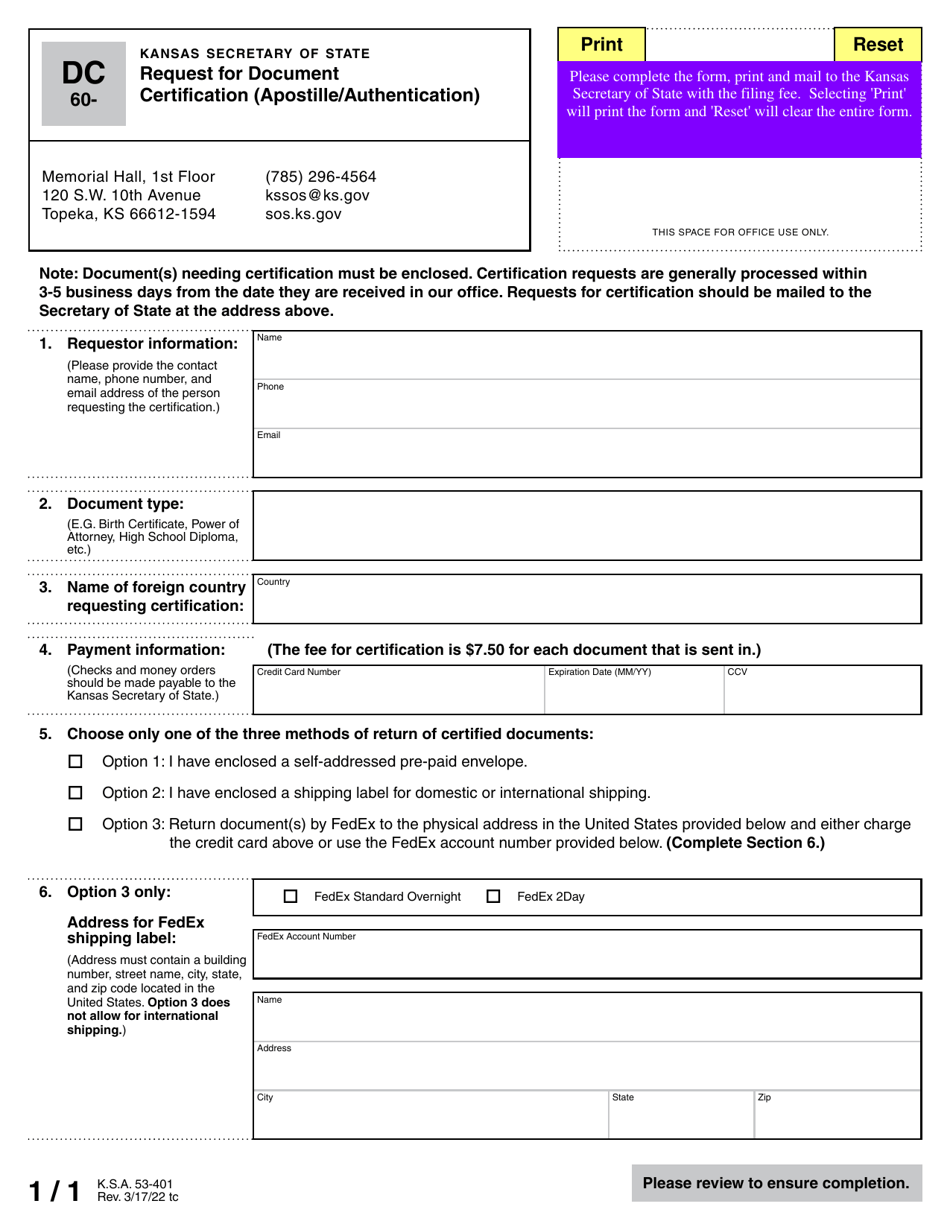 Form DC60 Request for Document Certification (Apostille / Authentication) - Kansas, Page 1