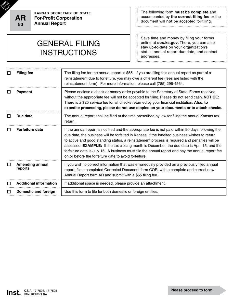 Form AR50 For-Profit Corporation Annual Report - Kansas, Page 1