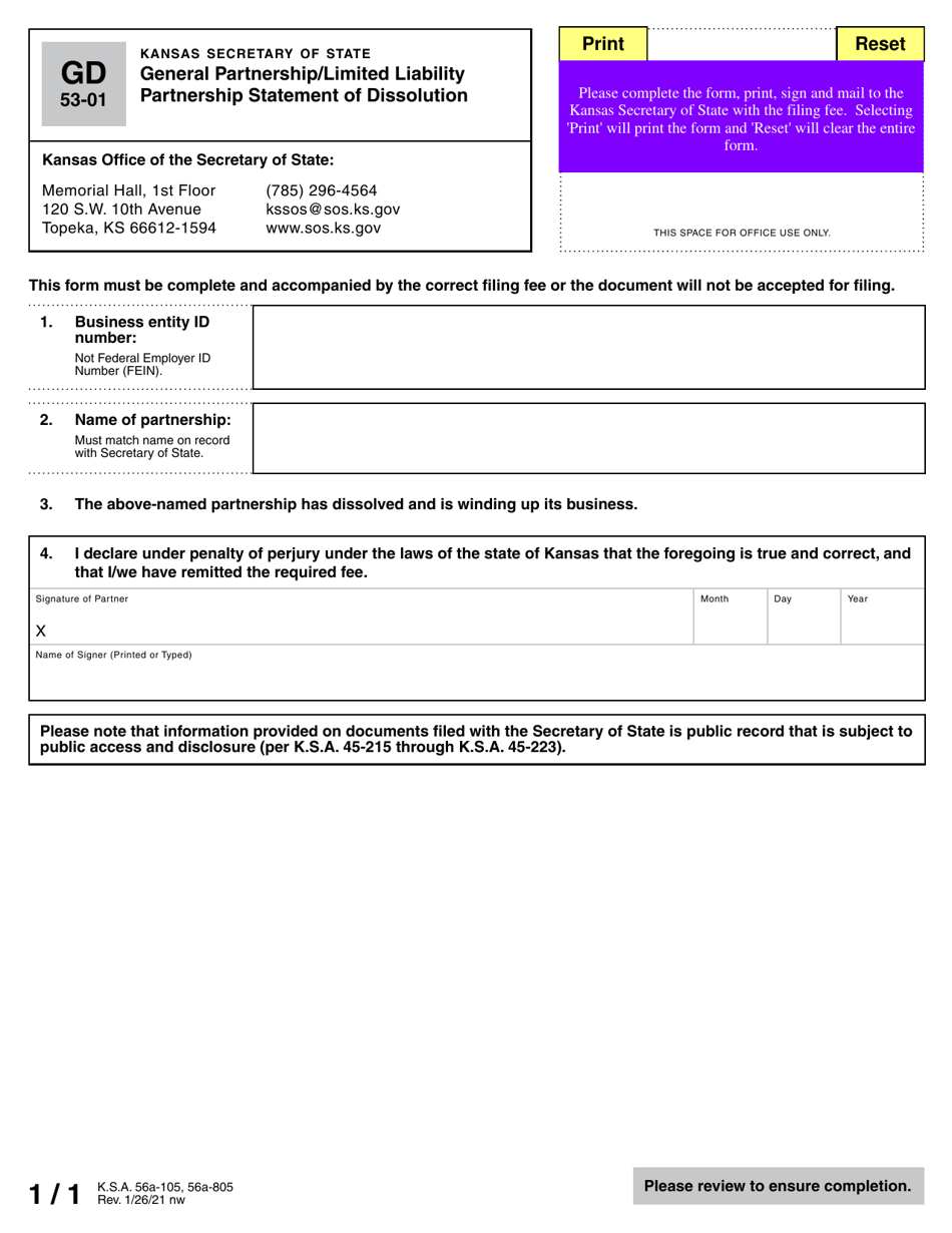 Form GD53-01 General Partnership / Limited Liability Partnership Statement of Dissolution - Kansas, Page 2