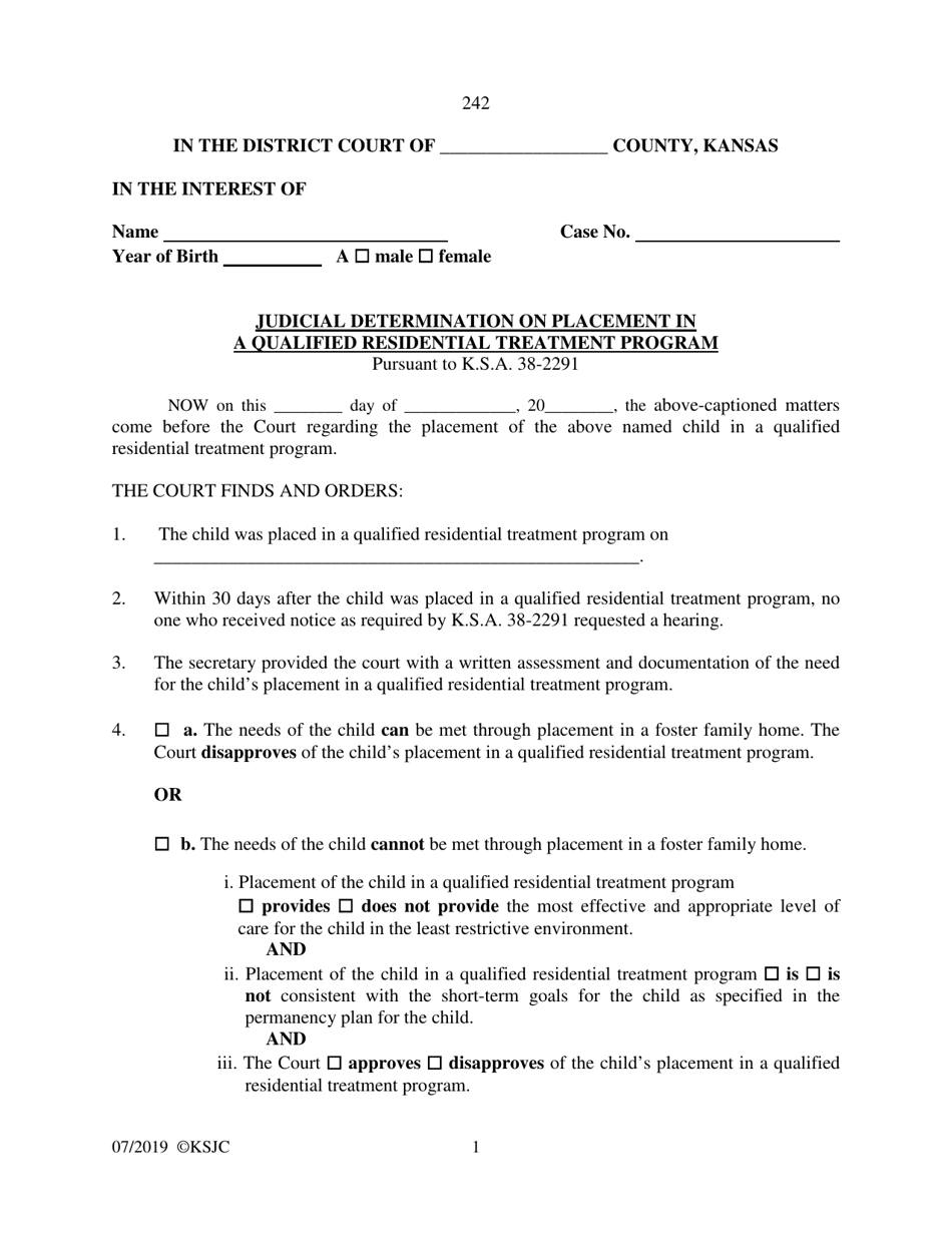 Form 242 Qualified Residential Treatment Program Placement Hearing Journal Entry and Order - Kansas, Page 1