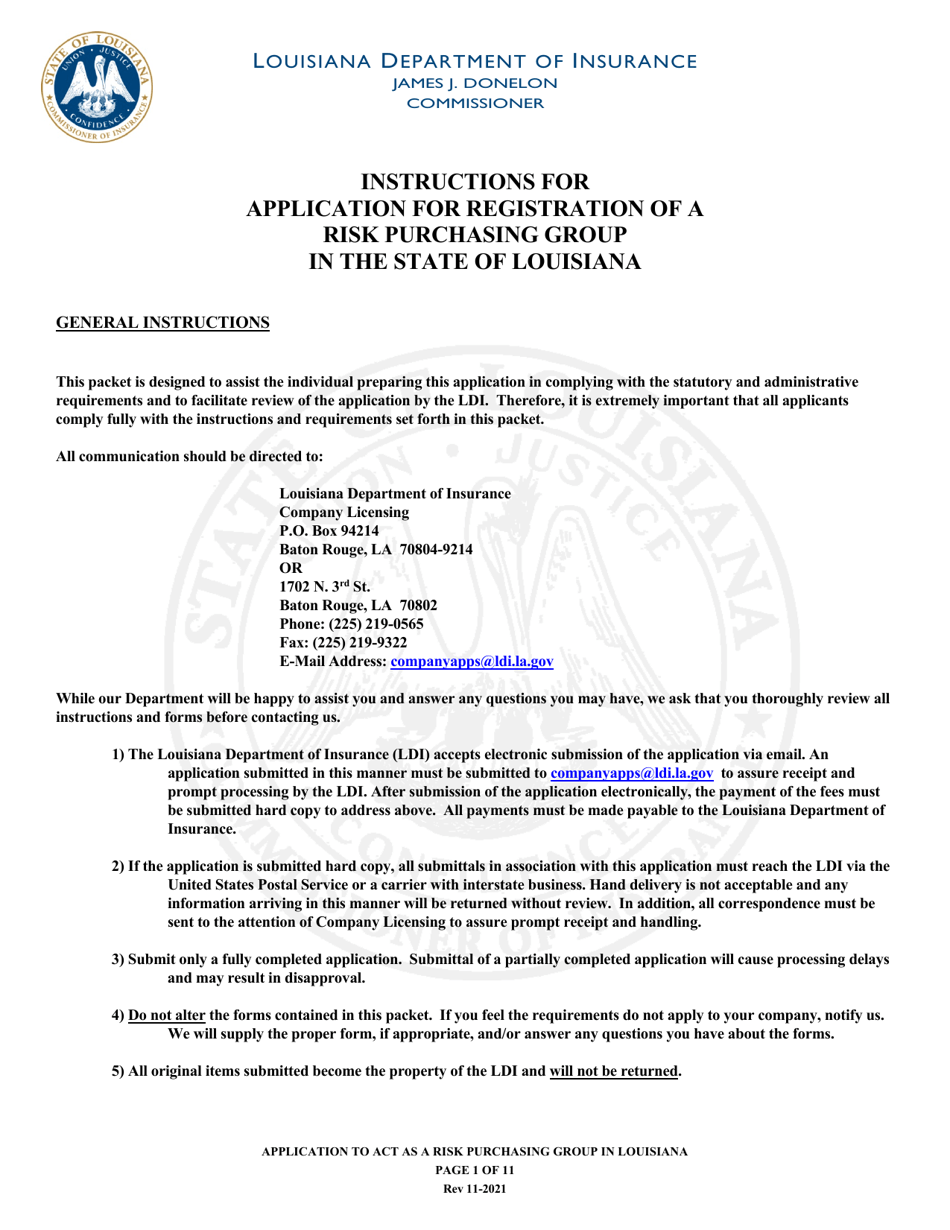 Application for Registration of a Risk Purchasing Group in the State of Louisiana - Louisiana, Page 1