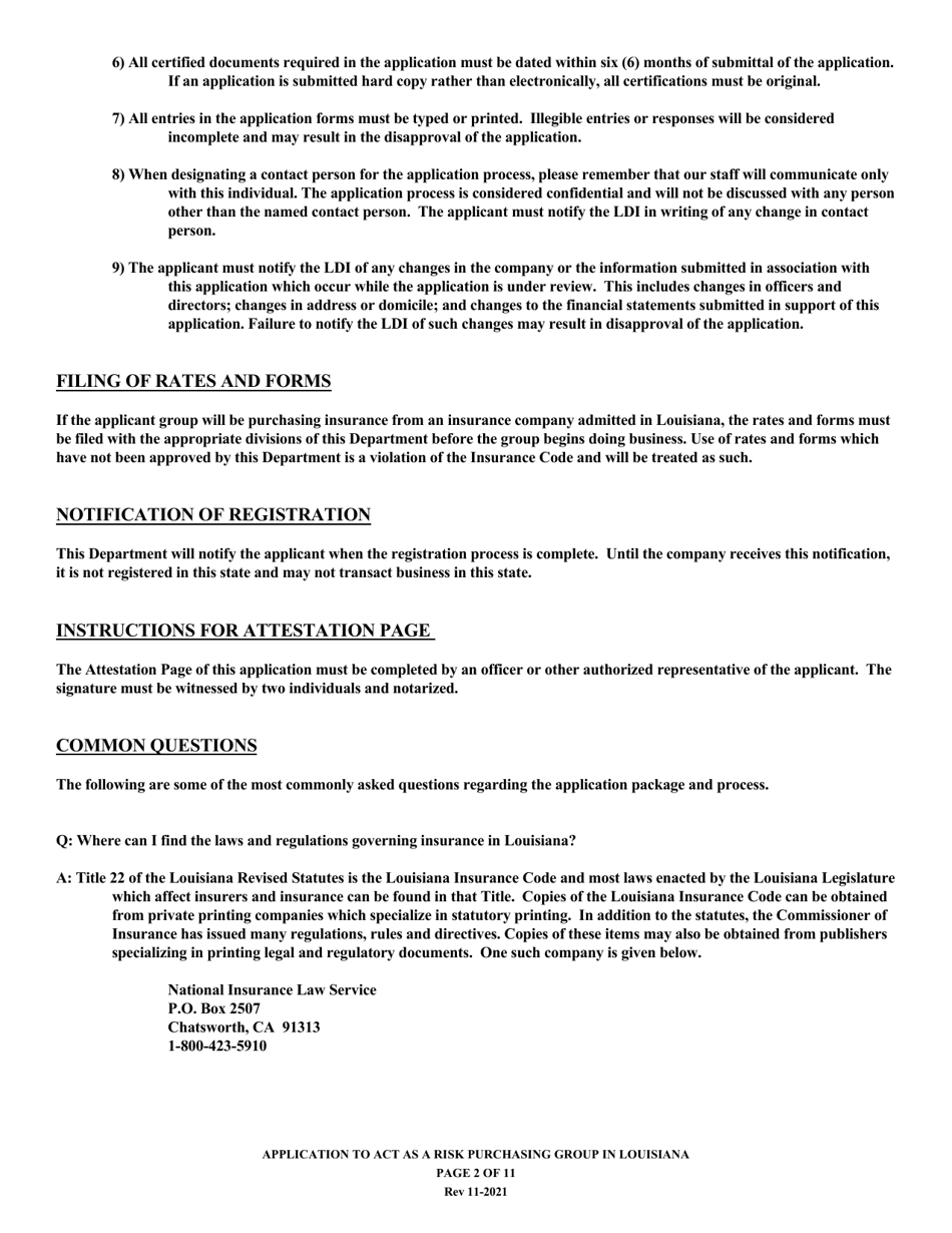 Application for Registration of a Risk Purchasing Group in the State of Louisiana - Louisiana, Page 2