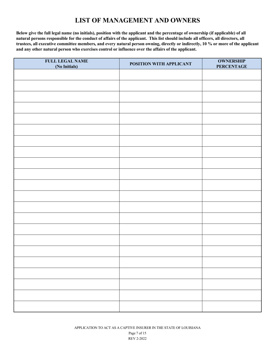 Application to Act as a Captive Insurer in the State of Louisiana - Louisiana, Page 7