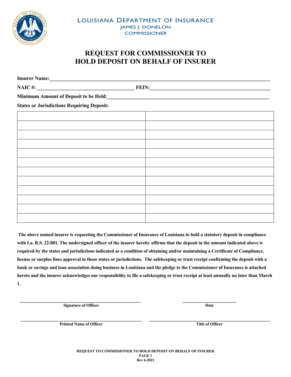 Request for Commissioner to Hold Deposit on Behalf of Insurer - Louisiana, Page 1