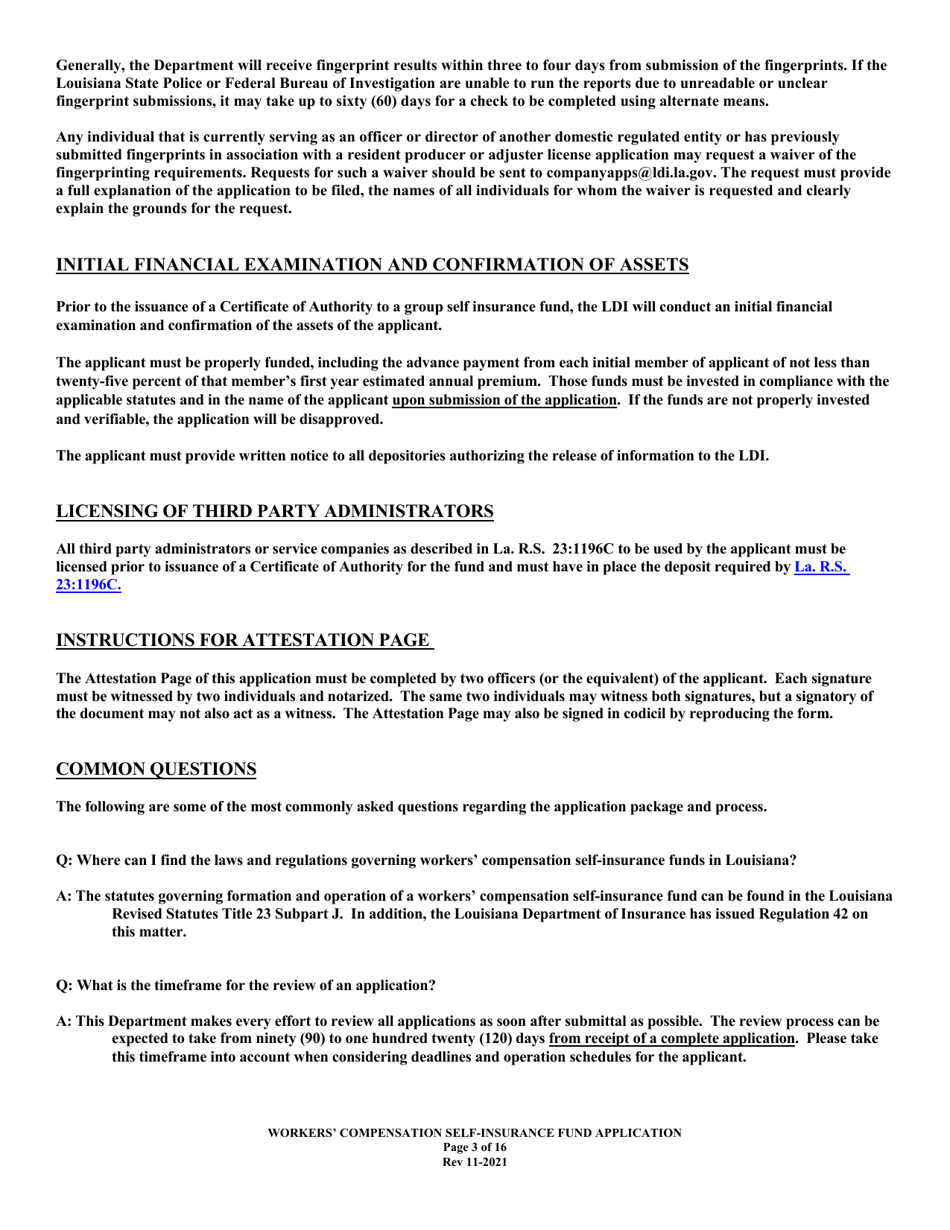 Application to Act as a Workers Compensation Self-insurance Fund in the State of Louisiana - Louisiana, Page 3