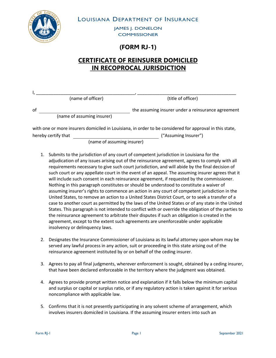 Form RJ-1 Certificate of Reinsurer Domiciled in Reciprocal Jurisdiction - Louisiana, Page 1