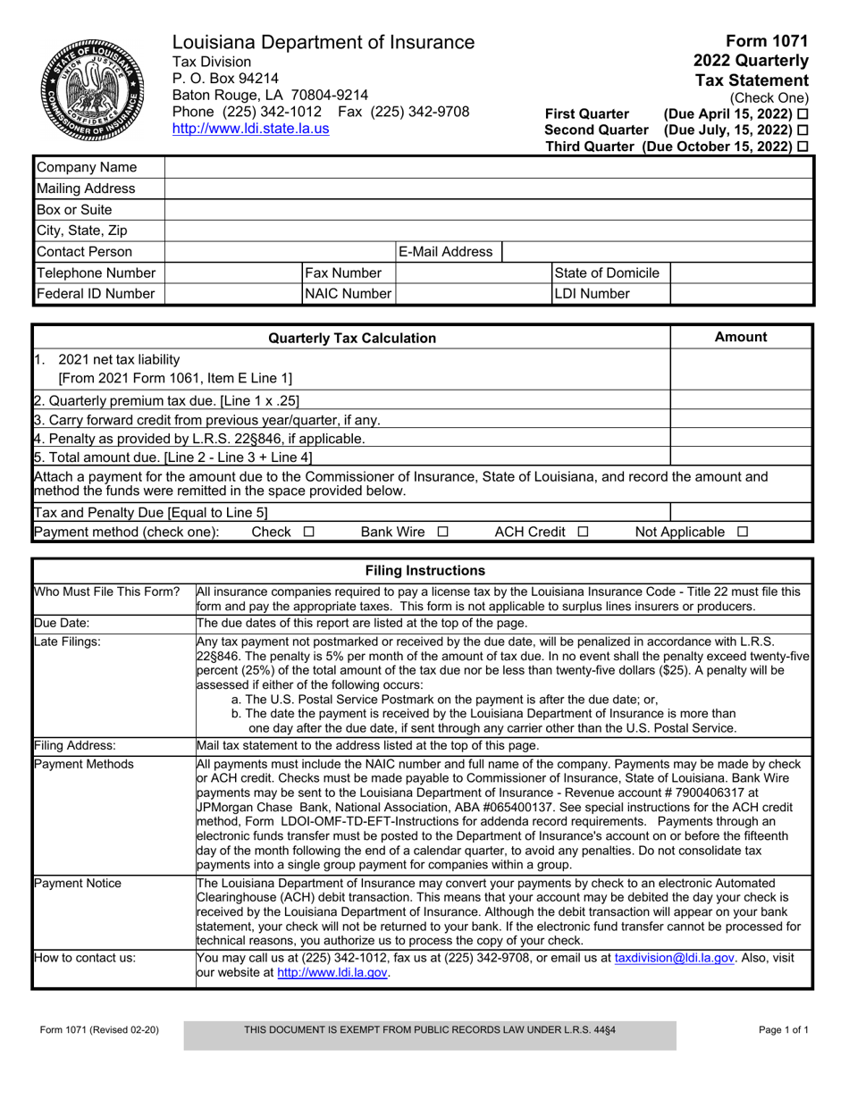 Form 1071 Quarterly Tax Statement - Louisiana, Page 1