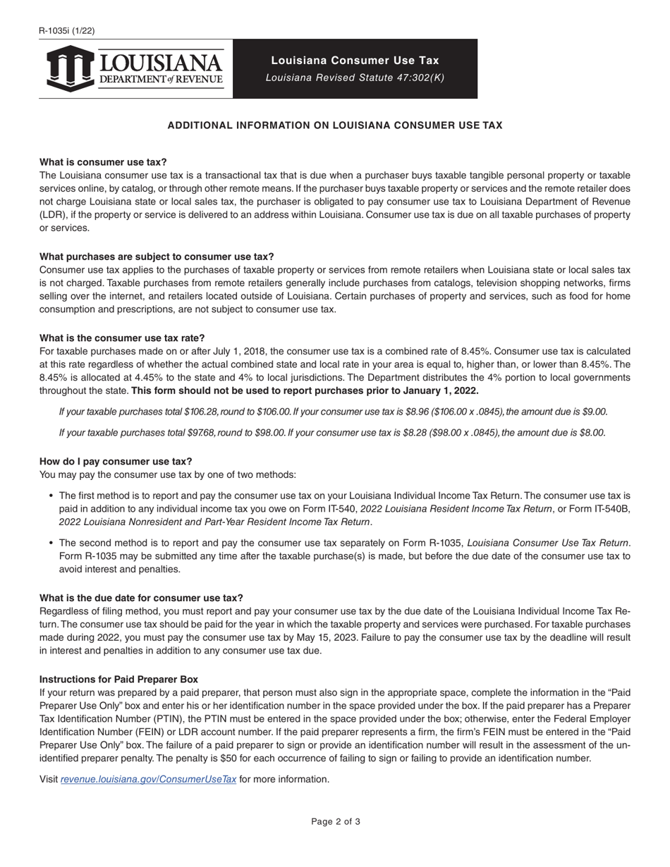 Form R-1035 Louisiana Consumer Use Tax - Louisiana, Page 2