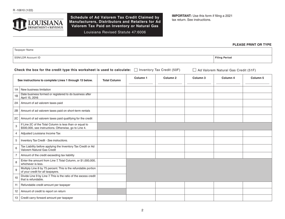 Form R-10610 Schedule of Ad Valorem Tax Credit Claimed by Manufacturers, Distributors and Retailers for Ad Valorem Tax Paid on Inventory or Natural Gas - Louisiana, Page 2