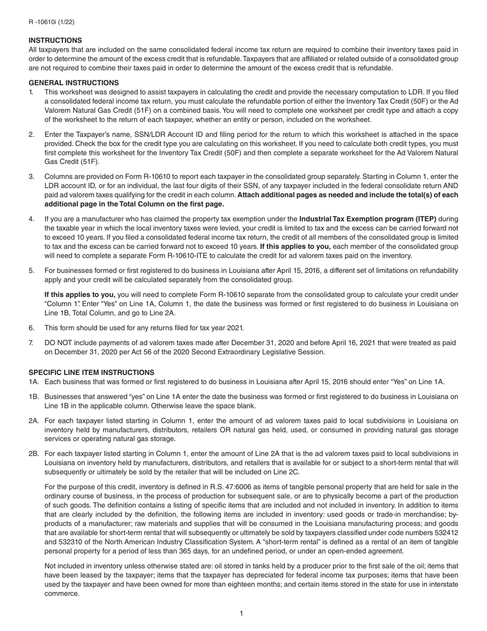 Form R-10610 Schedule of Ad Valorem Tax Credit Claimed by Manufacturers, Distributors and Retailers for Ad Valorem Tax Paid on Inventory or Natural Gas - Louisiana, Page 3