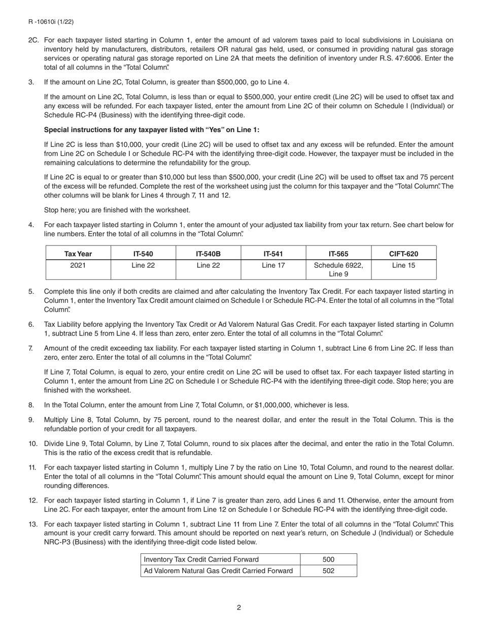 Form R-10610 Schedule of Ad Valorem Tax Credit Claimed by Manufacturers, Distributors and Retailers for Ad Valorem Tax Paid on Inventory or Natural Gas - Louisiana, Page 4