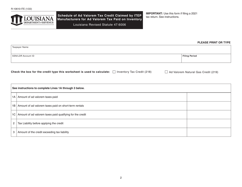 Form R-10610-ITE Schedule of Ad Valorem Tax Credit Claimed by Itep Manufacturers for Ad Valorem Tax Paid on Inventory - Louisiana, Page 2