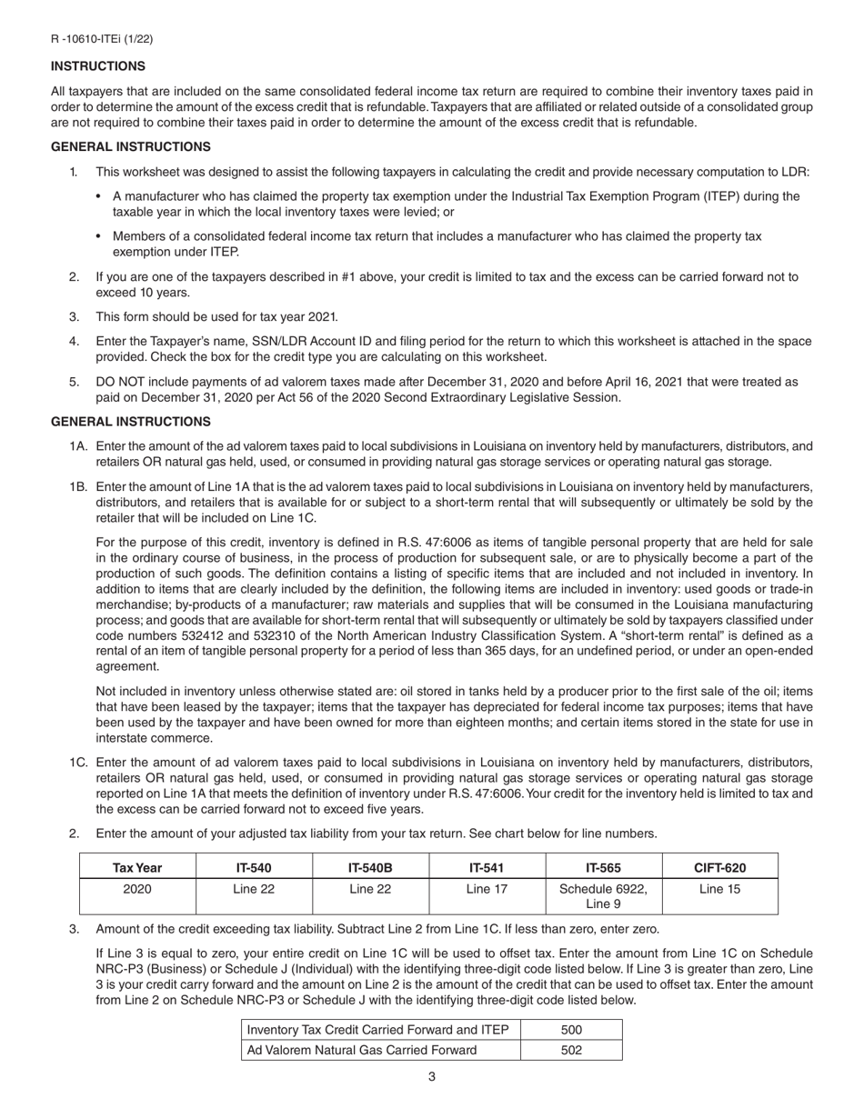 Form R-10610-ITE Schedule of Ad Valorem Tax Credit Claimed by Itep Manufacturers for Ad Valorem Tax Paid on Inventory - Louisiana, Page 3