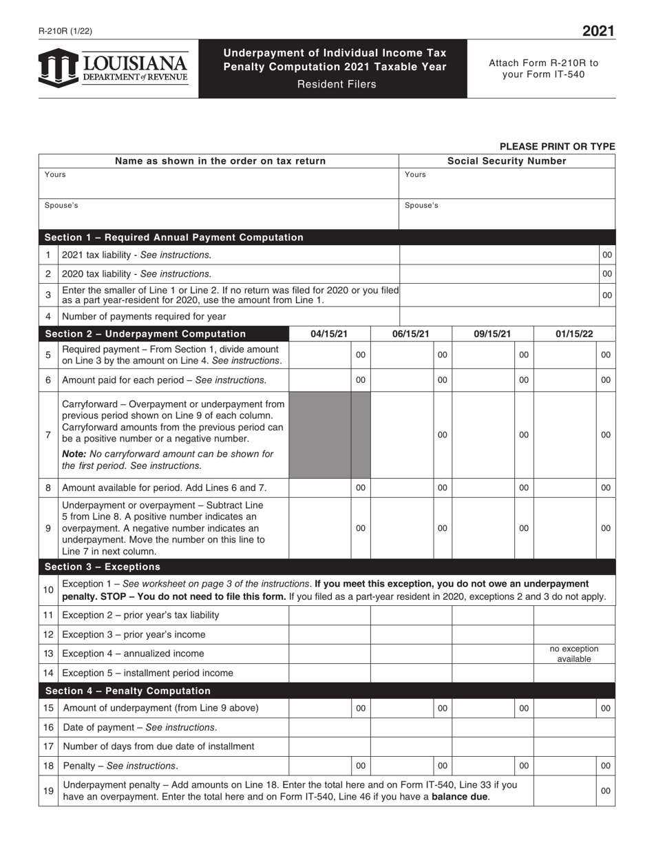 Form R-210R Underpayment of Individual Income Tax Penalty Computation - Non-resident and Part-Year Resident - Louisiana, Page 1