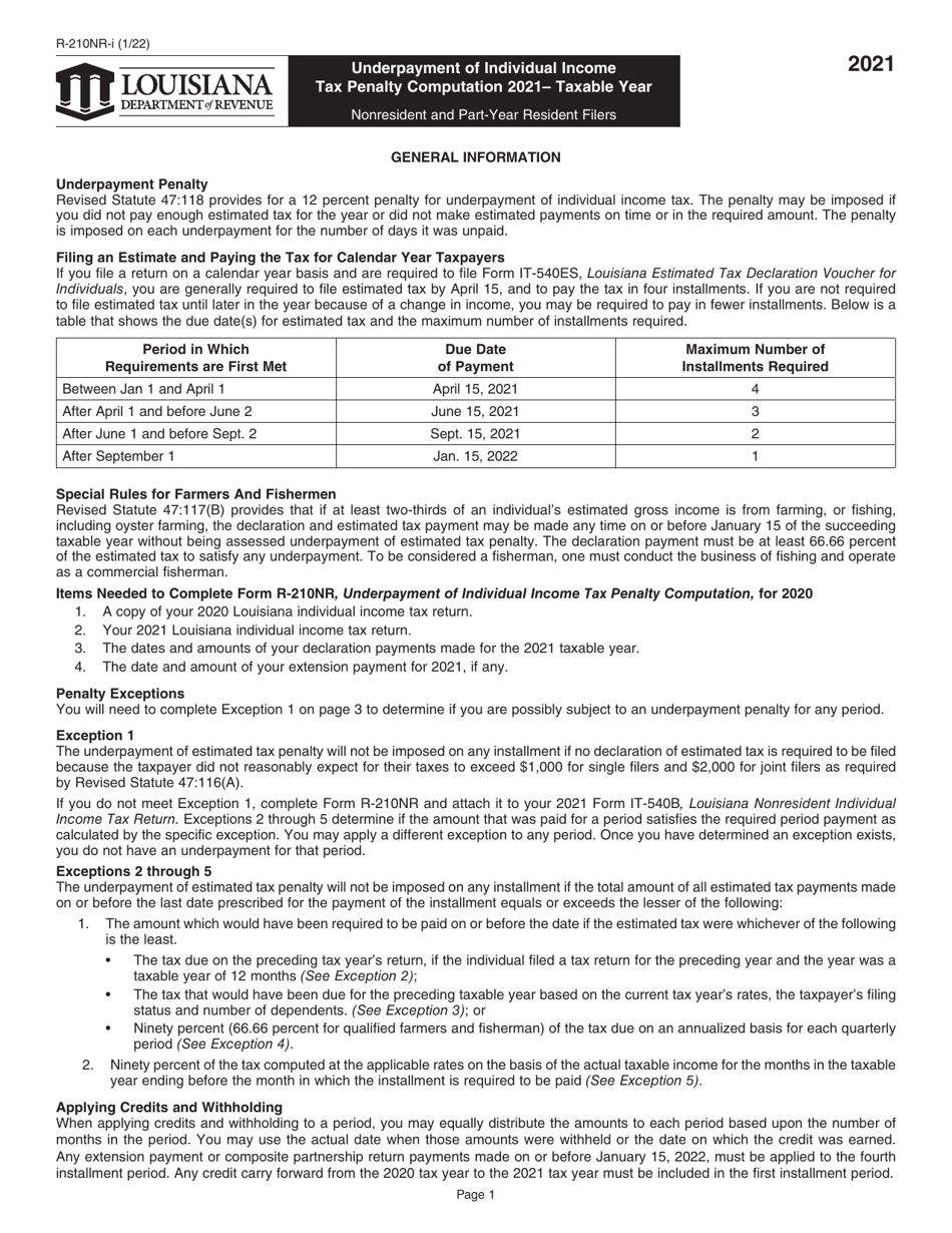 Instructions for Form R-210NR Underpayment of Individual Income Tax Penalty Computation - Non-resident and Part-Year Resident - Louisiana, Page 1
