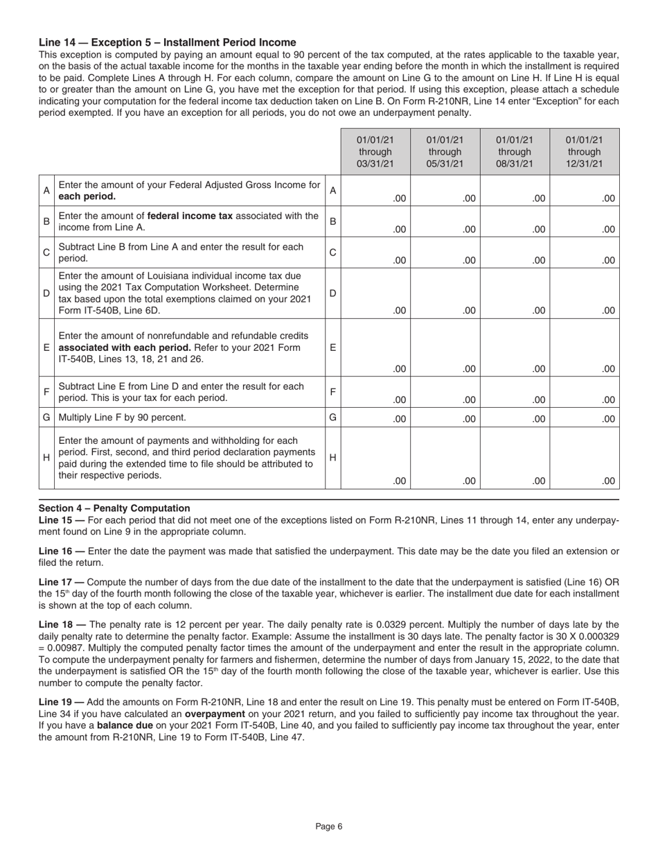 Instructions for Form R-210NR Underpayment of Individual Income Tax Penalty Computation - Non-resident and Part-Year Resident - Louisiana, Page 6