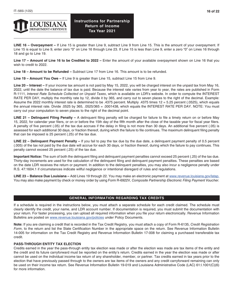 Instructions for Form IT-565 Partnership Return of Income - Louisiana, Page 16