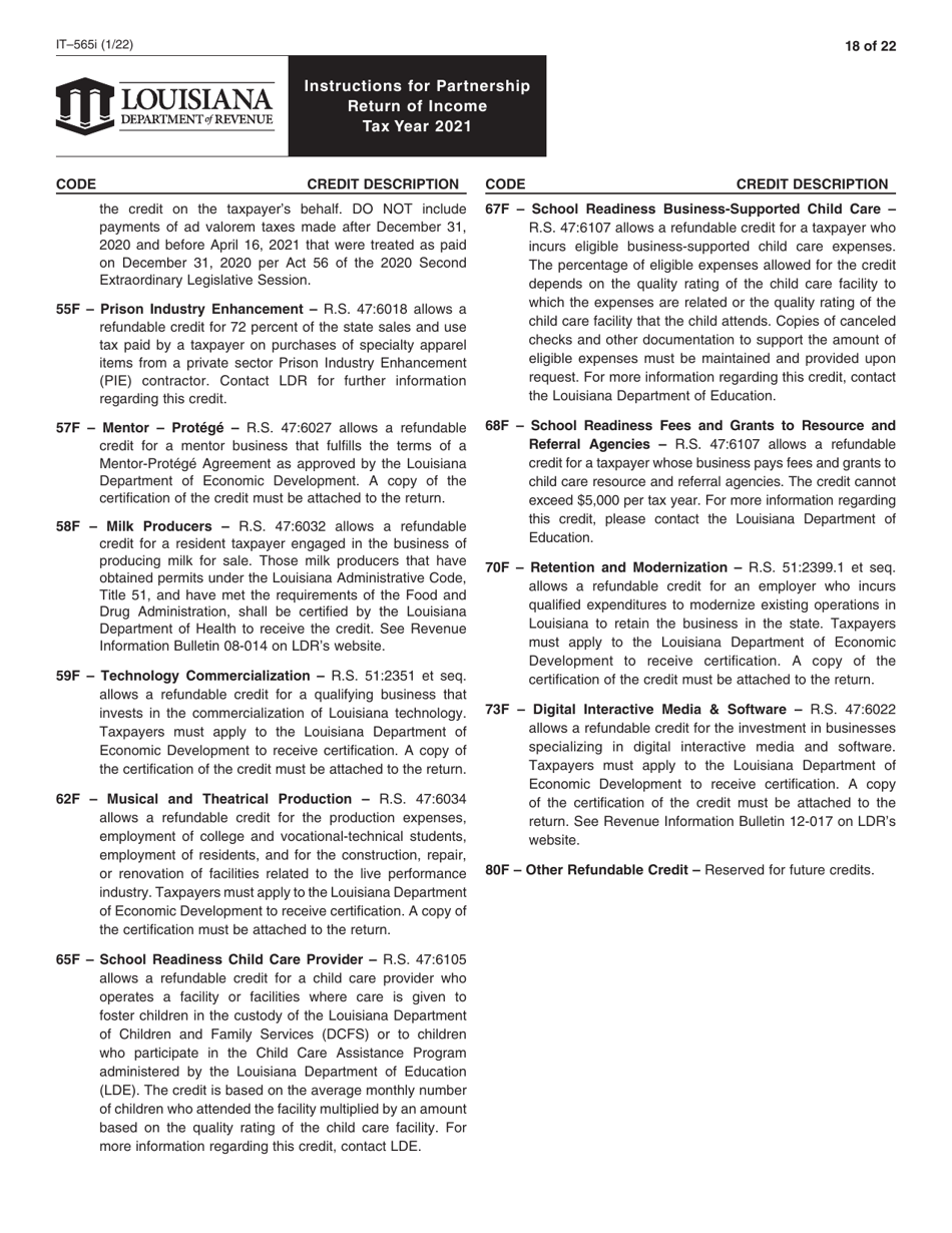 Instructions for Form IT-565 Partnership Return of Income - Louisiana, Page 18