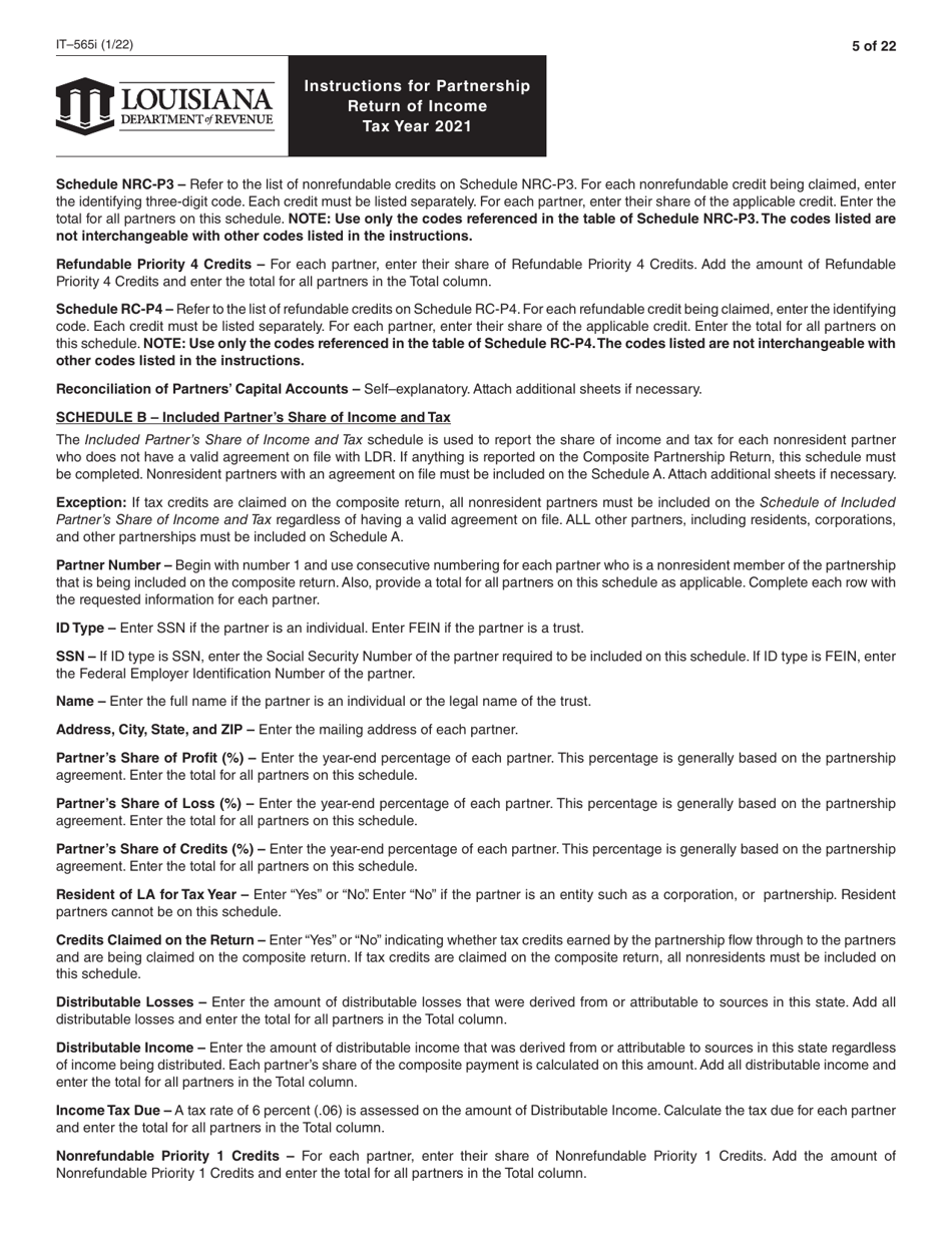 Instructions for Form IT-565 Partnership Return of Income - Louisiana, Page 5