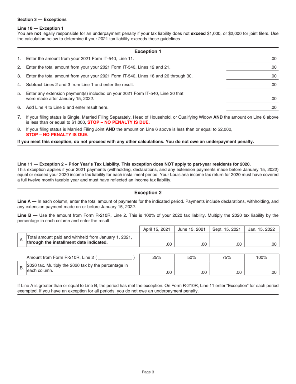 Instructions for Form R-210R Underpayment of Individual Income Tax Penalty Computation - Louisiana, Page 3