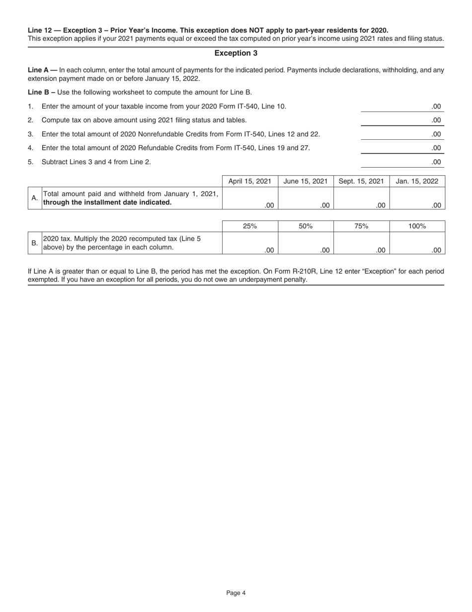 Instructions for Form R-210R Underpayment of Individual Income Tax Penalty Computation - Louisiana, Page 4