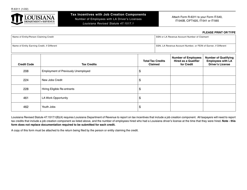 Form R-6311 Tax Incentives With Job Creation Components (Number of Employees With La Drivers Licenses) - Louisiana, Page 1