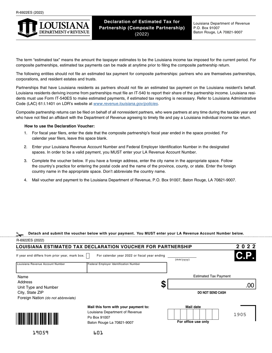 Form R-6922ES Declaration of Estimated Tax for Partnership (Composite Partnership) - Louisiana, Page 1