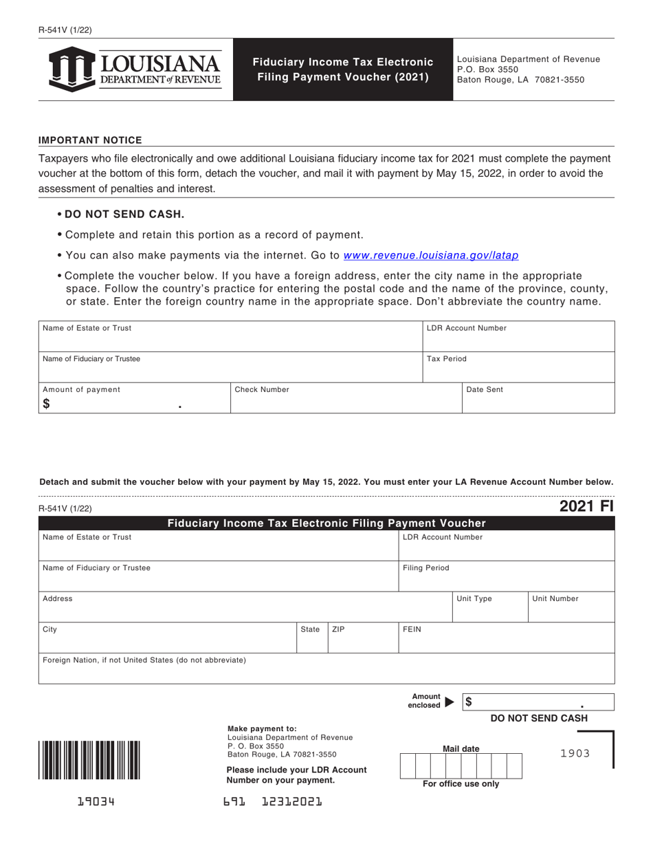 Form R-541V Fiduciary Income Tax Electronic Filing Payment Voucher - Louisiana, Page 1