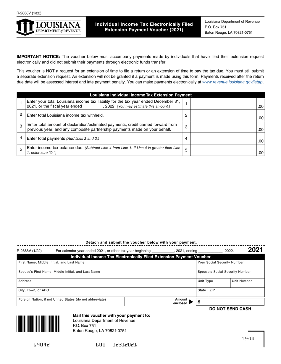 Form R-2868V Individual Income Tax Electronically Filed Extension Payment Voucher - Louisiana, Page 1
