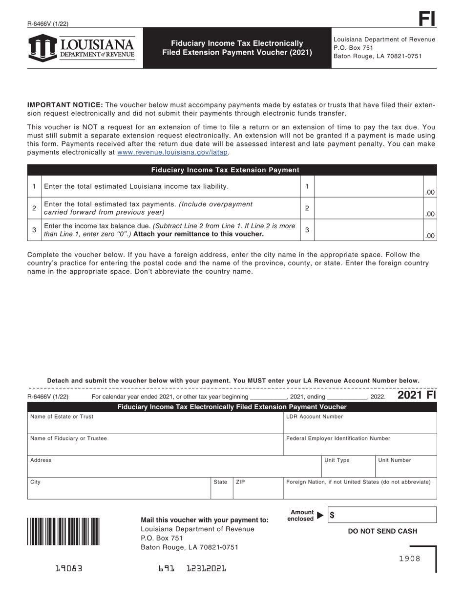 Form R-6466V Fiduciary Income Tax Electronically Filed Extension Payment Voucher - Louisiana, Page 1