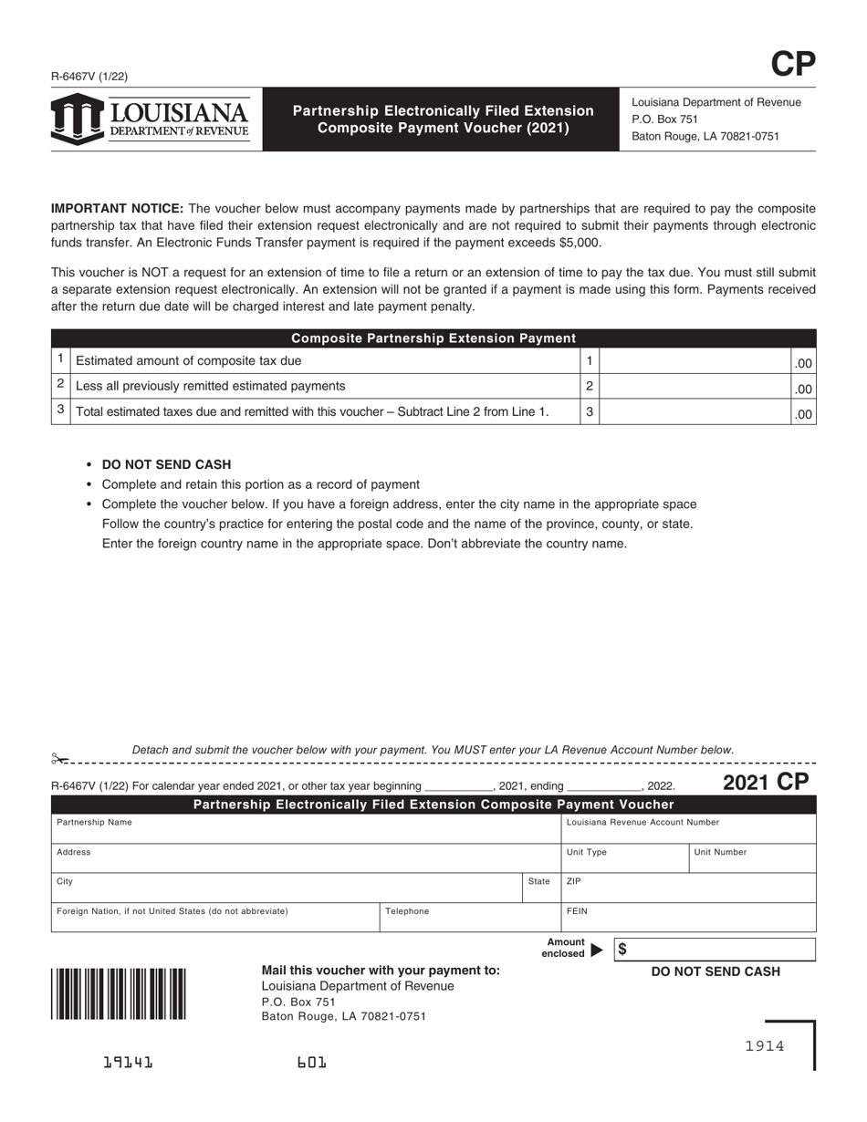 Form R-6467V Partnership Electronically Filed Extension Composite Payment Voucher - Louisiana, Page 1