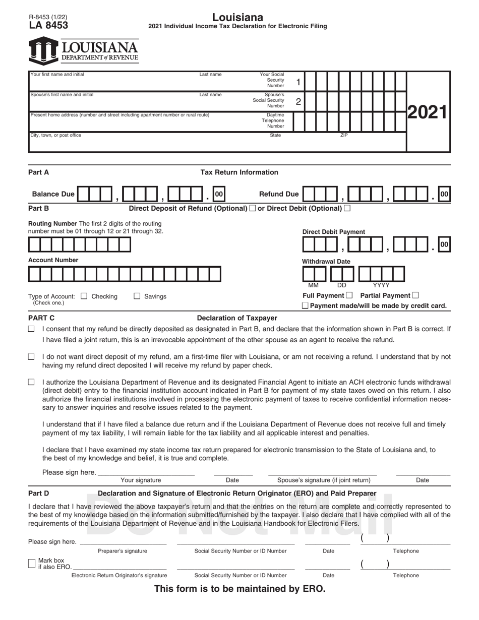 Form R-8453 Louisiana Individual Income Tax Declaration From Electronic Filing - Louisiana, Page 1