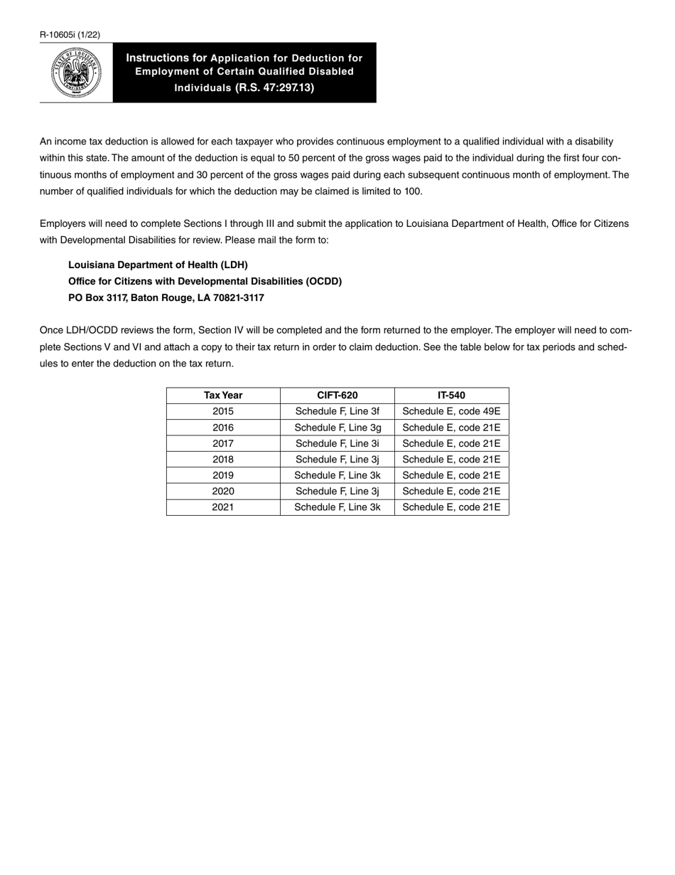 Form R-10605 Application for Deduction for Employment of Certain Qualified Disabled Individuals - Louisiana, Page 2